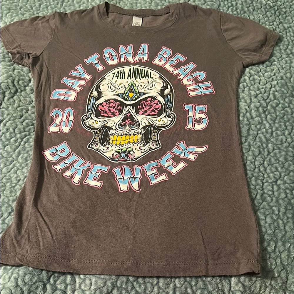Gray Daytona Beach Bike Week T-Shirt 74th Annual 2015 with skull design